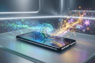 A sleek smartphone displays evolving AI, with cool-toned circuits on the left merging into warm, complex neural networks on the right.