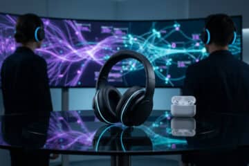 Sleek black AI headphones with blue light on reflective table. Individuals wear similar headphones facing neural network screens. White earbuds visible.