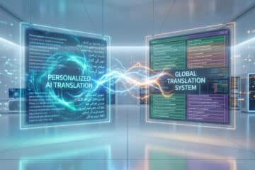 Two holographic AI translation interfaces, personalized (blue/teal) and global (multi-color), connected by data streams in a futuristic environment.