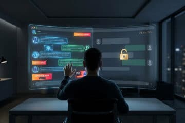 Person views a split digital screen: ad-filled chat on left, clean premium chat with golden lock on right. Hand raised, contemplating choice.