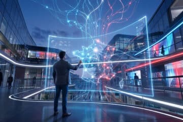Individual in business casual interacts with a large holographic map of France, displaying glowing neural networks and upward-flowing data in a futuristic hub.