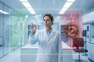 Female scientist in lab coat analyzing glowing holographic medical data, showing green positive and red warning insights in a modern lab.