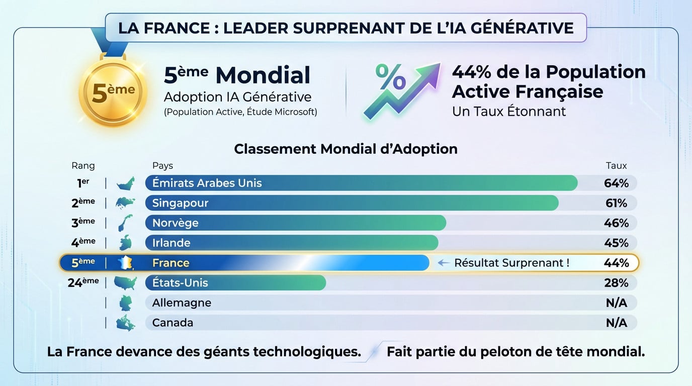 Graphique illustrant la position de la France dans le top 5 mondial de l'adoption de l'IA générative
