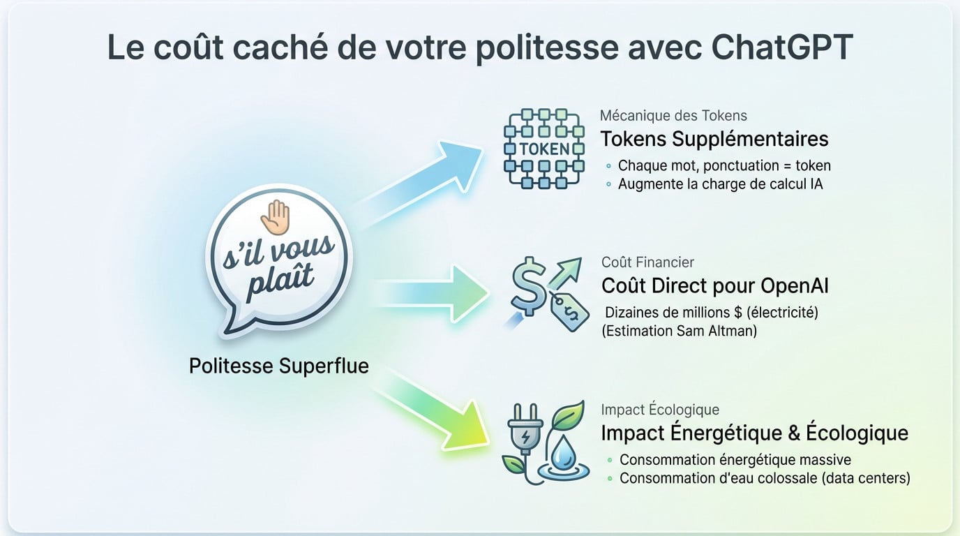 Illustration montrant le coût énergétique et financier des formules de politesse dans les requêtes ChatGPT