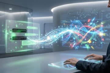 Hands on a holographic keyboard watch glowing data transfer between two AI interfaces: a green chat and a colorful next-gen system.