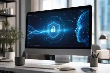 Données personnelles et chatbots IA avec interface numérique professionnelle