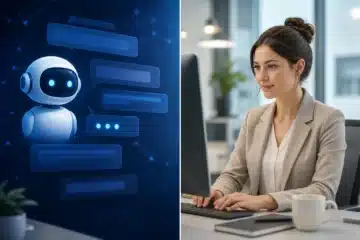 Équipe de traducteurs humains et chatbot IA collaborant efficacement