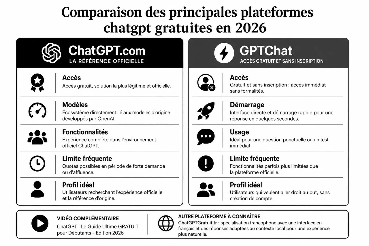 ChatGPT gratuit en français en 2026 : guide complet pour l’utiliser en ligne sans limite , Comparaison des principales plateformes chatgpt gratuites en 2026
