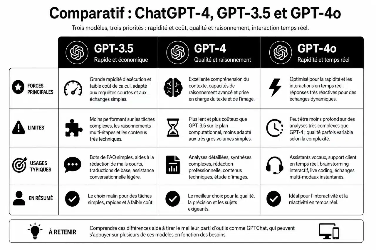 ChatGPT‑4 expliqué simplement (et quand l’utiliser plutôt que d’autres versions) , Comparatif: ChatGPT-4, GPT-3.5 et GPT-4o