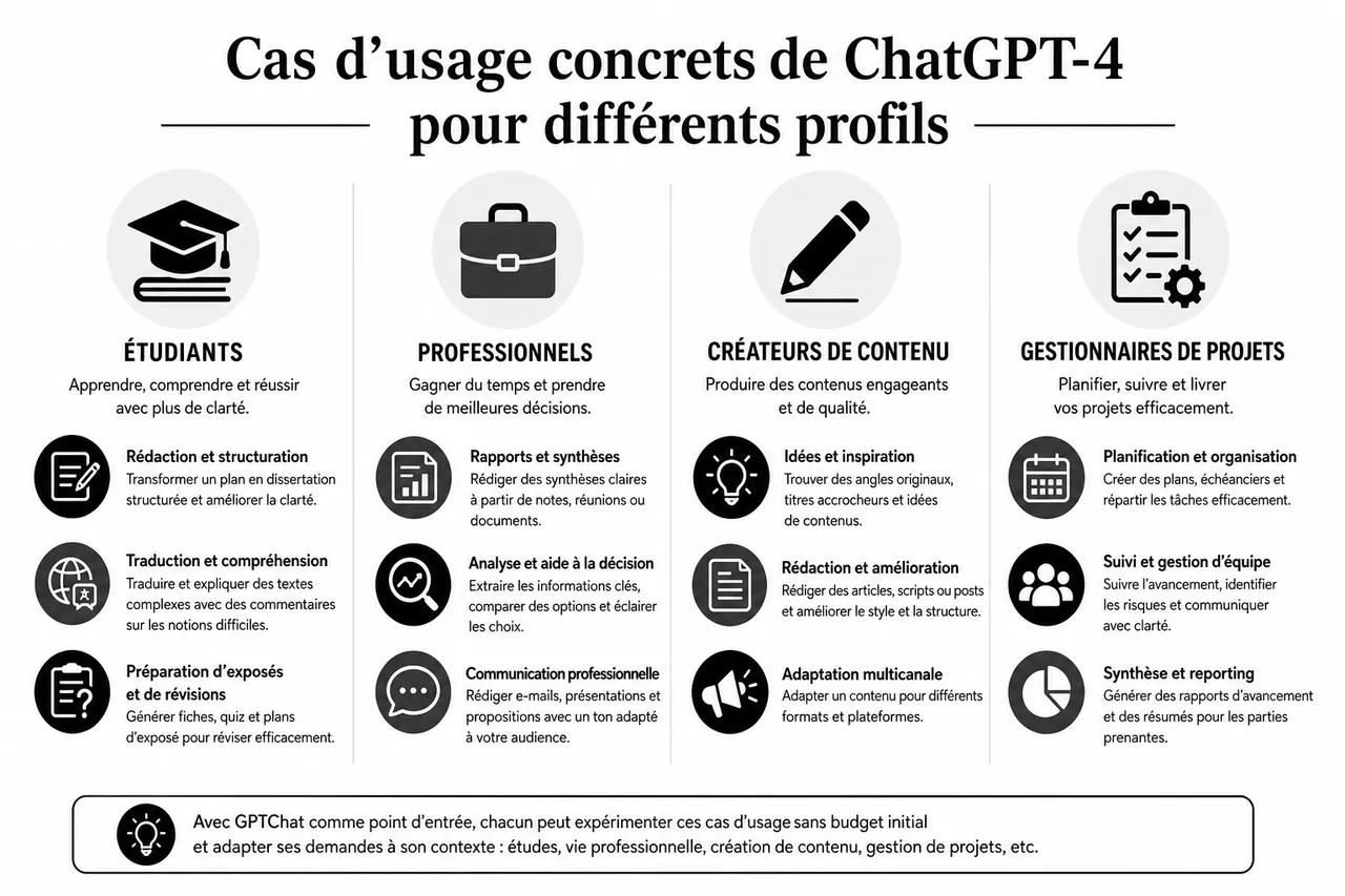ChatGPT‑4 expliqué simplement (et quand l’utiliser plutôt que d’autres versions) , Cas d’usage concrets de ChatGPT-4 pour différents profils
