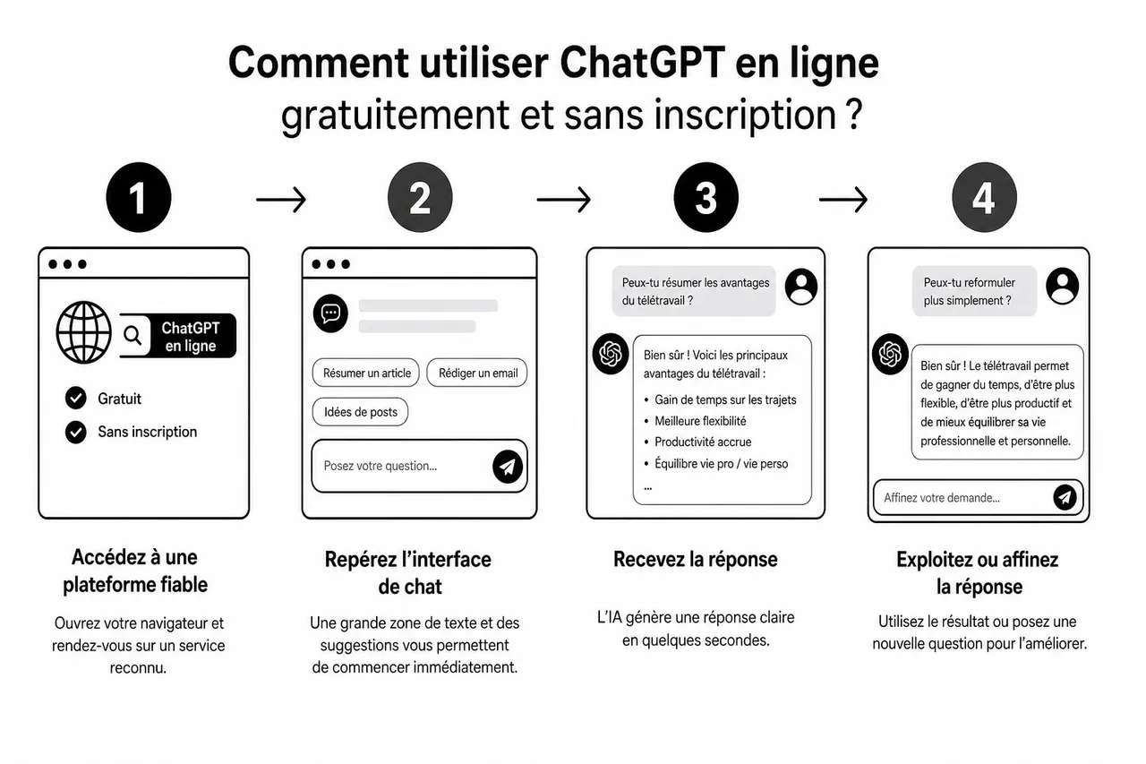 Comment utiliser ChatGPT en ligne sans téléchargement ni carte bancaire? , Comment utiliser ChatGPT en ligne gratuitement et sans inscription?
