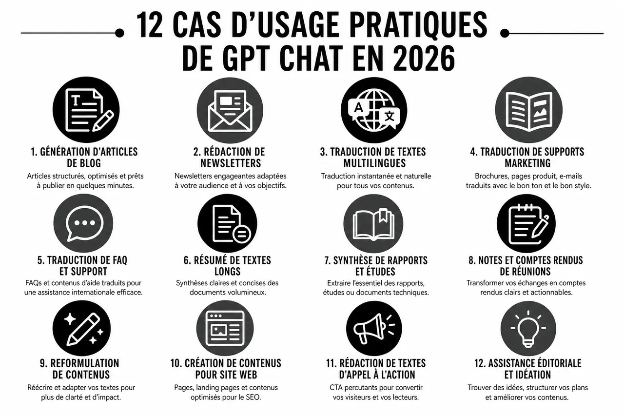 GPT Chat en 2026: 12 cas d'usage concrets pour générer, traduire et résumer vos textes , 12 cas d’usage pratiques de GPT Chat en 2026
