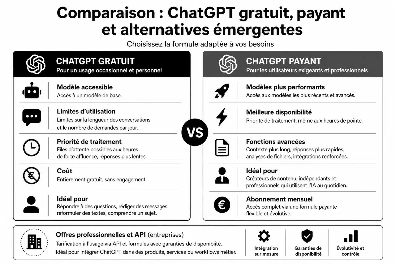 ChatGPT d’OpenAI pour le grand public: modes d’accès, limites et alternatives gratuites , Comparaison: ChatGPT gratuit, payant et alternatives émergentes