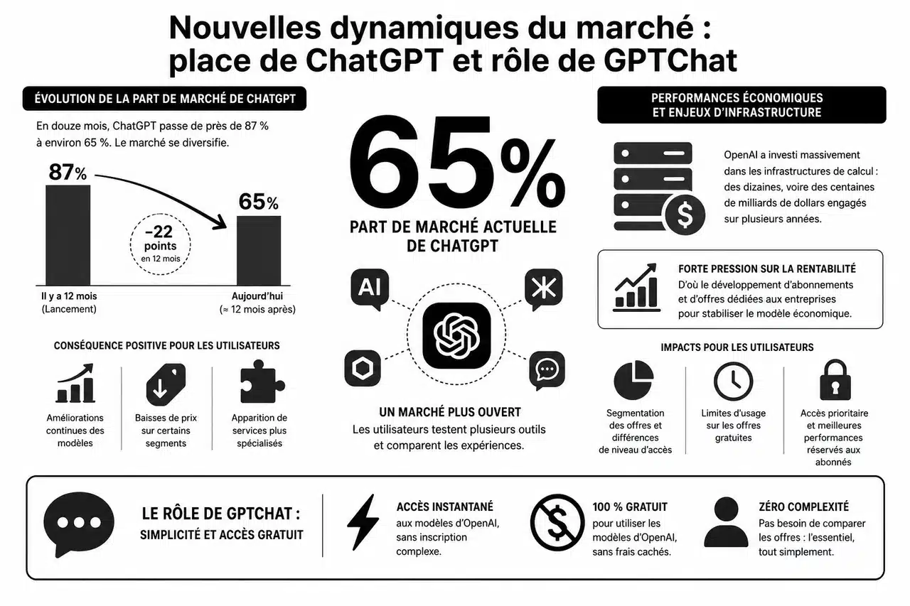 ChatGPT d’OpenAI pour le grand public: modes d’accès, limites et alternatives gratuites , Nouvelles dynamiques du marché: place de ChatGPT et rôle de GPTChat