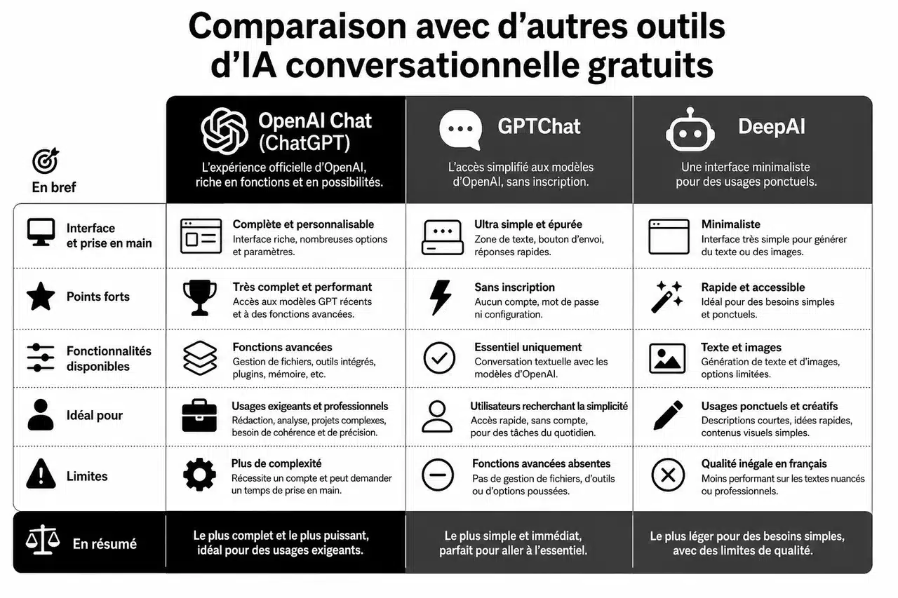 OpenAI Chat ou autres outils d’IA conversationnelle, quelle solution choisir pour un usage gratuit , Comparaison avec d’autres outils d’IA conversationnelle gratuits