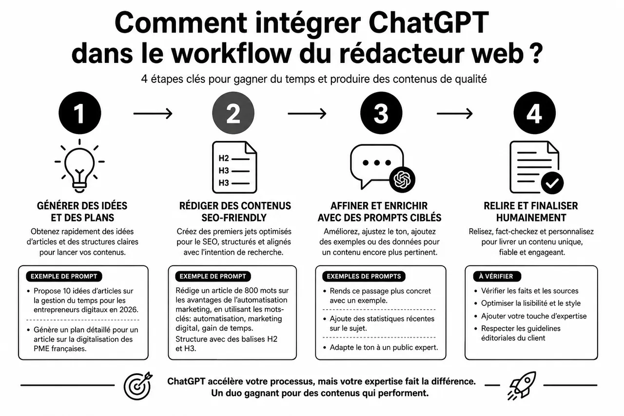 6 façons d’utiliser un chatbot IA pour rédiger plus vite (sans perdre en qualité) , Comment intégrer ChatGPT dans le workflow du rédacteur web?