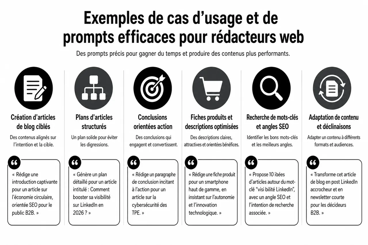 6 façons d’utiliser un chatbot IA pour rédiger plus vite (sans perdre en qualité) , Exemples de cas d’usage et de prompts efficaces pour rédacteurs web