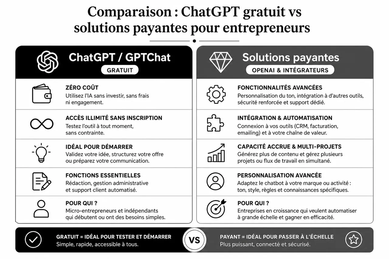 Les meilleurs usages d’un chatbot IA quand on lance sa micro-entreprise , Comparaison: ChatGPT gratuit vs solutions payantes pour entrepreneurs