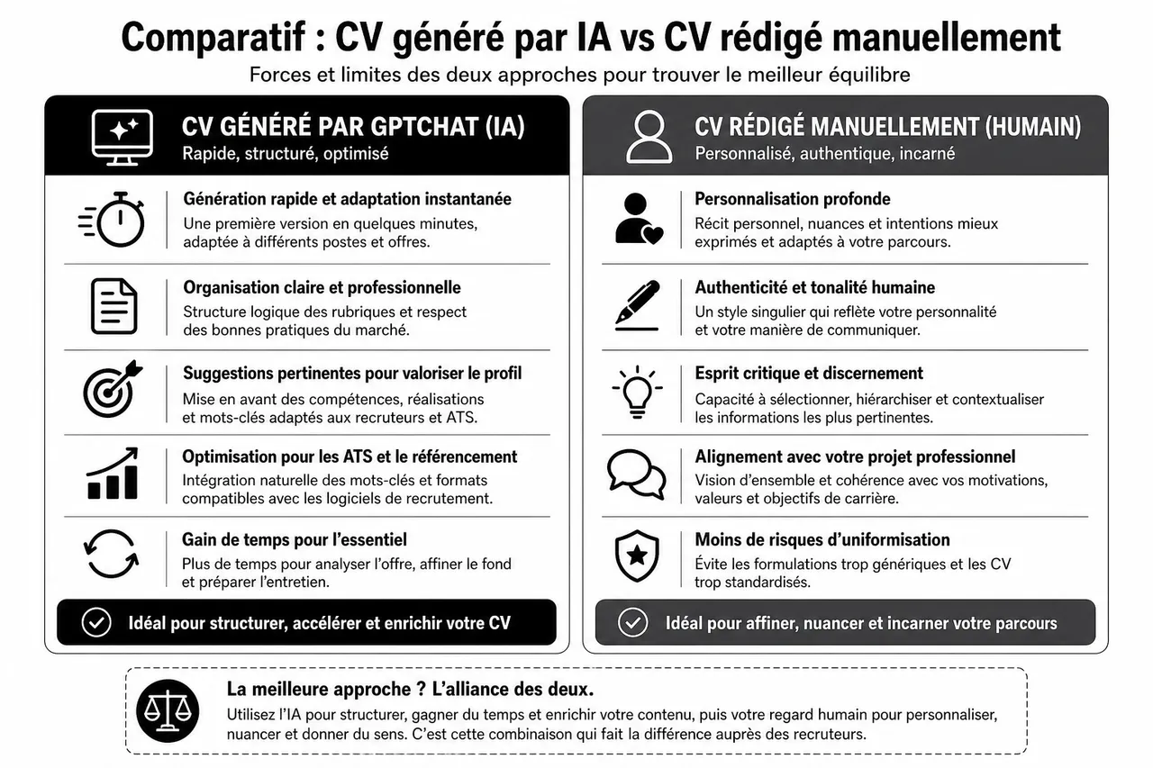 Comment un chatbot IA peut optimiser votre CV sans le rendre « robotique »? , Comparatif: CV généré par IA vs CV rédigé manuellement