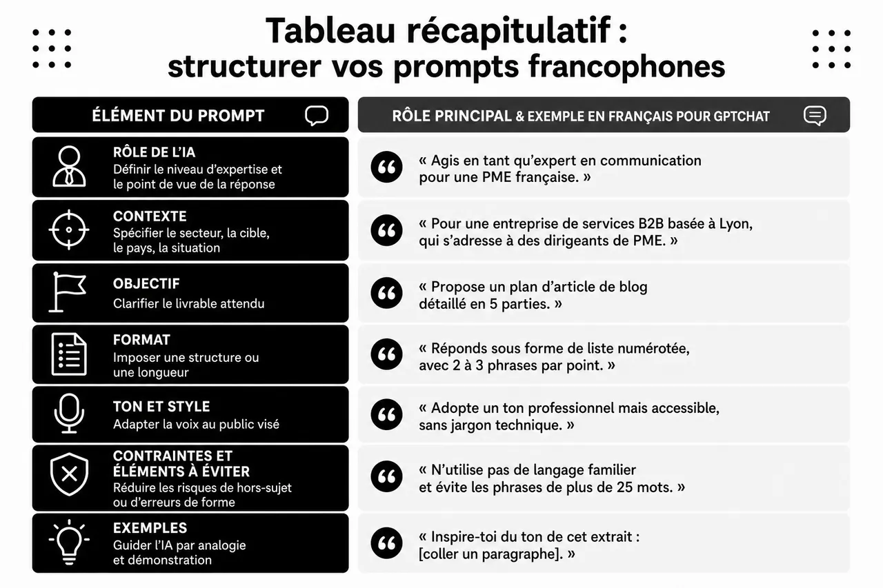 7 modèles de prompts en français pour obtenir enfin des réponses vraiment utiles , Tableau récapitulatif: structurer vos prompts francophones