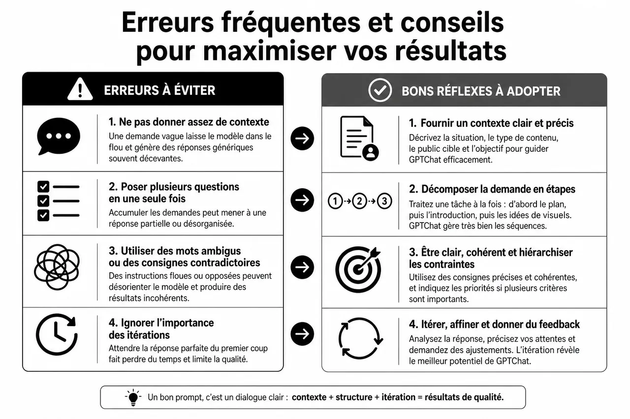 Ingénierie de prompt pour débutants, par où commencer quand on ne sait pas quoi demander , Erreurs fréquentes et conseils pour maximiser vos résultats