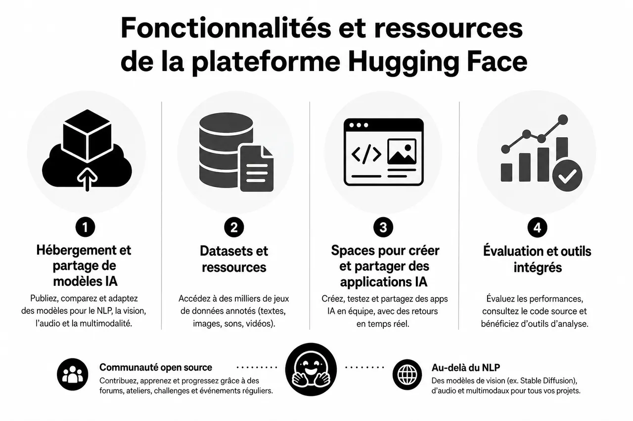 Hugging Face: la plateforme IA collaborative qui révolutionne le machine learning , Fonctionnalités et ressources de la plateforme Hugging Face