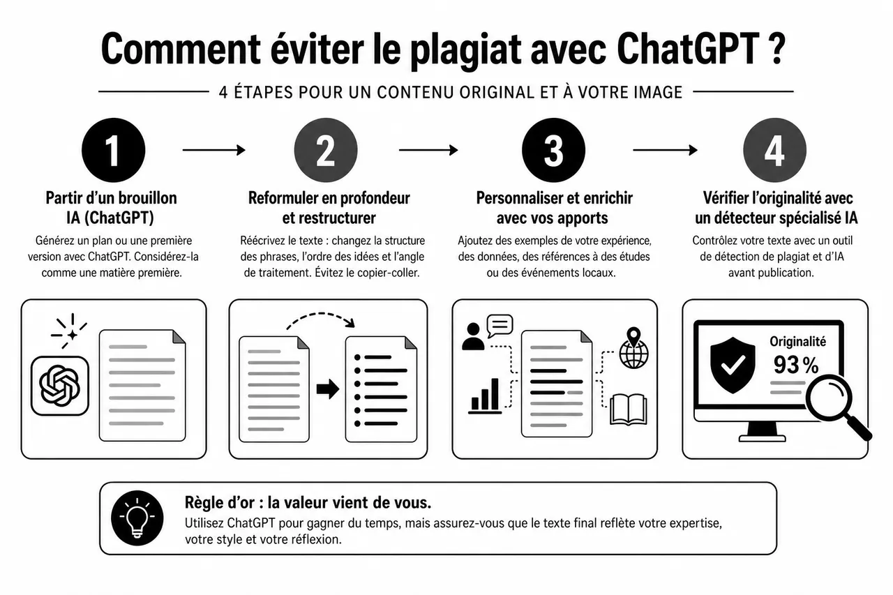 Contenu généré par IA et plagiat, comment utiliser un chatbot sans copier ni se faire pénaliser , Comment éviter le plagiat avec ChatGPT? Conseils pratiques