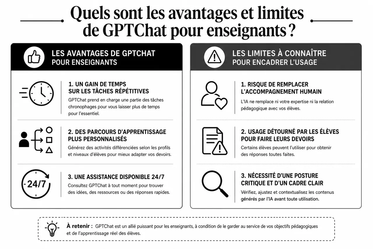 Comment les enseignants peuvent utiliser un chatbot IA sans trahir l’esprit des devoirs? , Quels sont les avantages et limites de GPTChat pour enseignants?