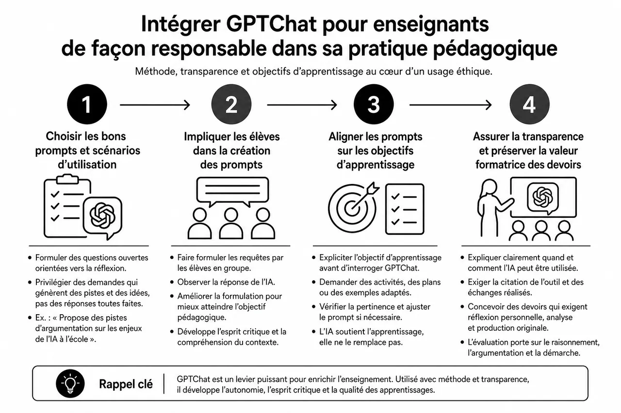 Comment les enseignants peuvent utiliser un chatbot IA sans trahir l’esprit des devoirs? , Comment intégrer GPTChat pour enseignants de façon responsable dans sa pratique pédagogique?