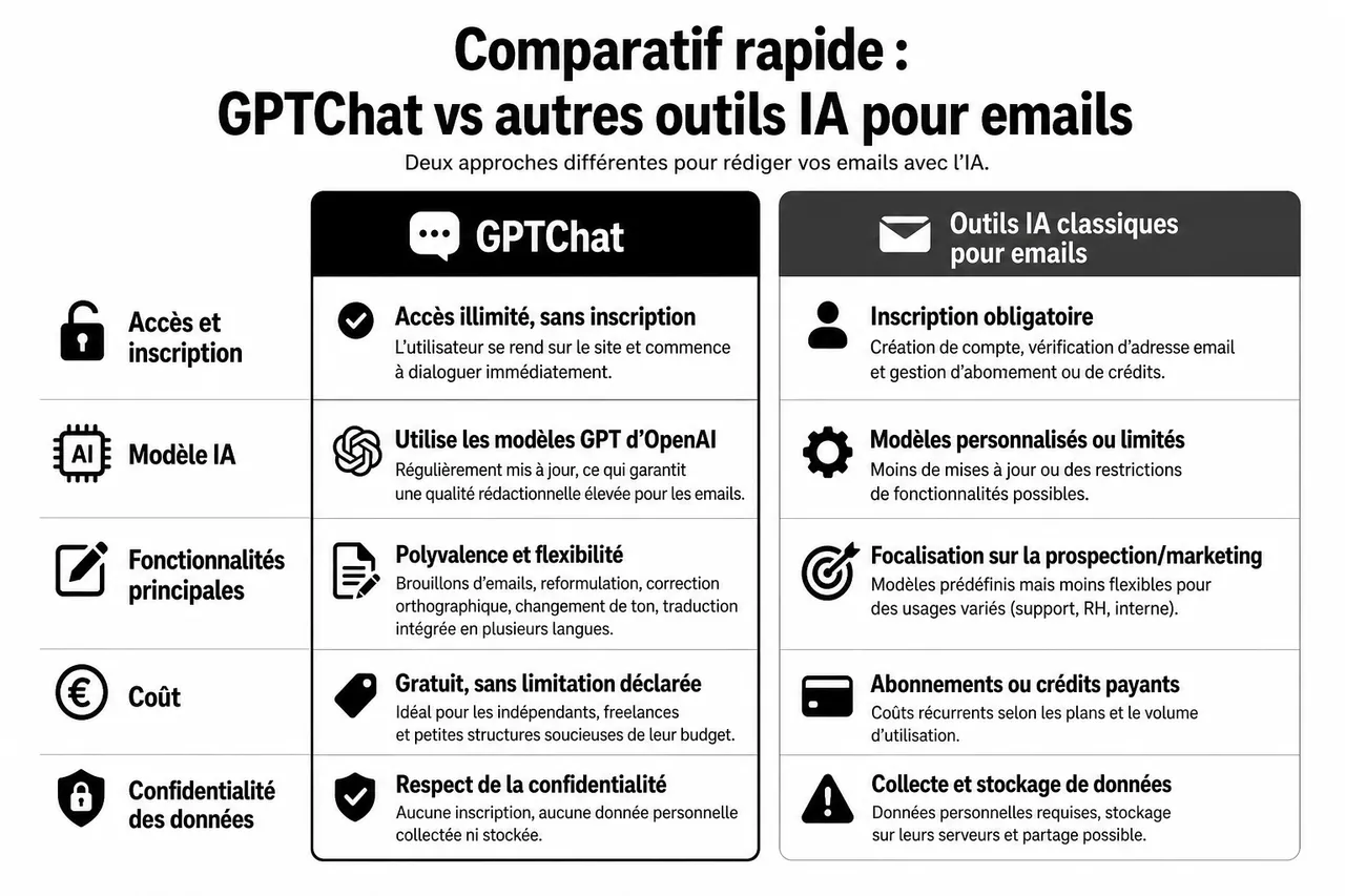 4 techniques pour faire rédiger vos emails par une IA tout en gardant votre ton naturel , Comparatif rapide: GPTChat vs autres outils IA pour emails