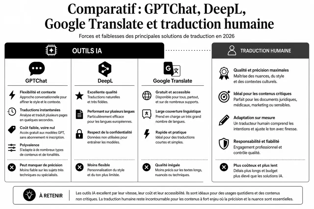 Traductions avec un chatbot IA ou traduction humaine, quand utiliser l’un ou l’autre , Comparatif: GPTChat, DeepL, Google Translate et traduction humaine