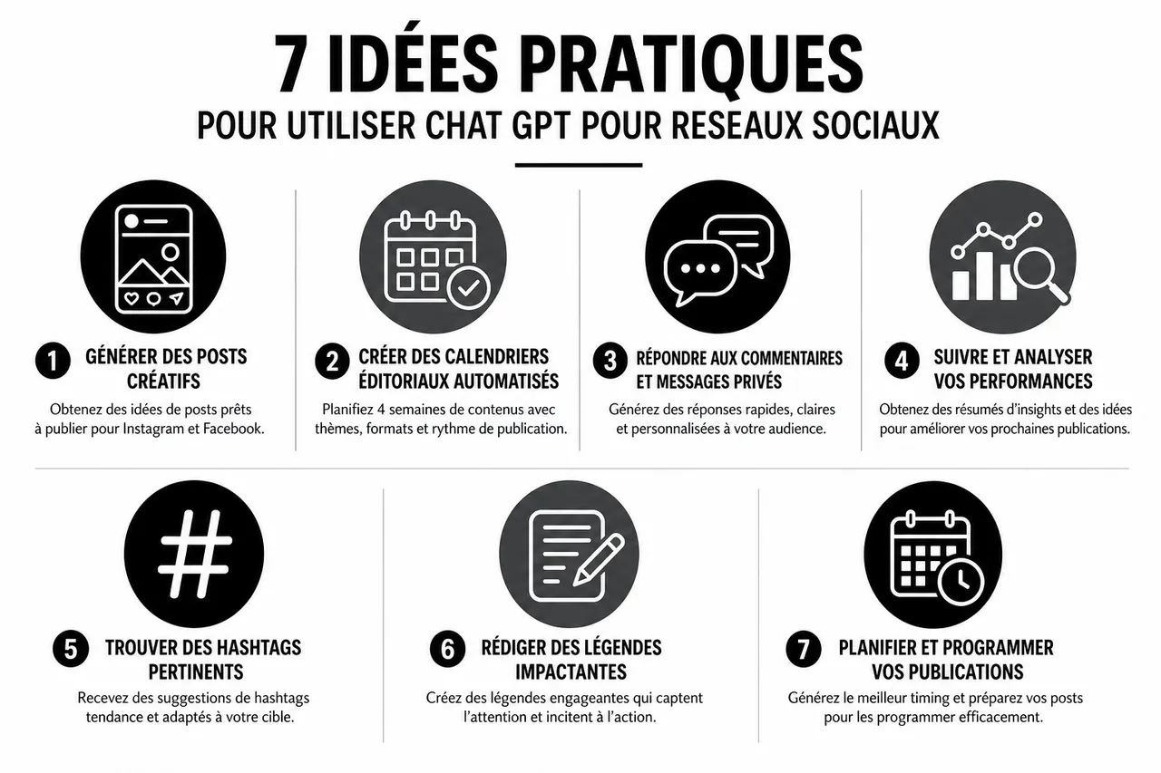 7 idées d’utilisation d’un chatbot IA pour alimenter vos réseaux sociaux sans y passer vos soirées , 7 idées pratiques pour utiliser chat gpt pour reseaux sociaux