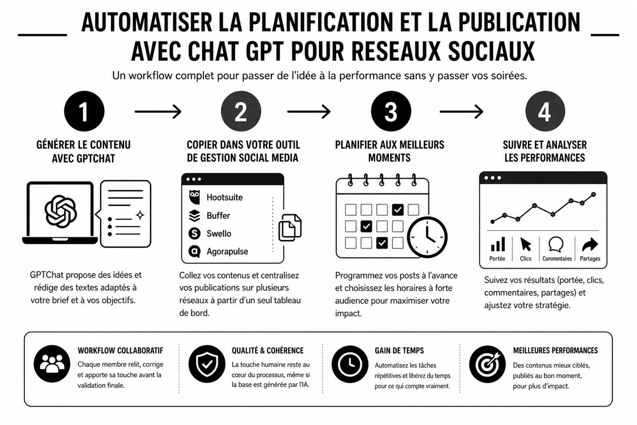 7 idées d’utilisation d’un chatbot IA pour alimenter vos réseaux sociaux sans y passer vos soirées , Automatiser la planification et la publication avec chat gpt pour reseaux sociaux
