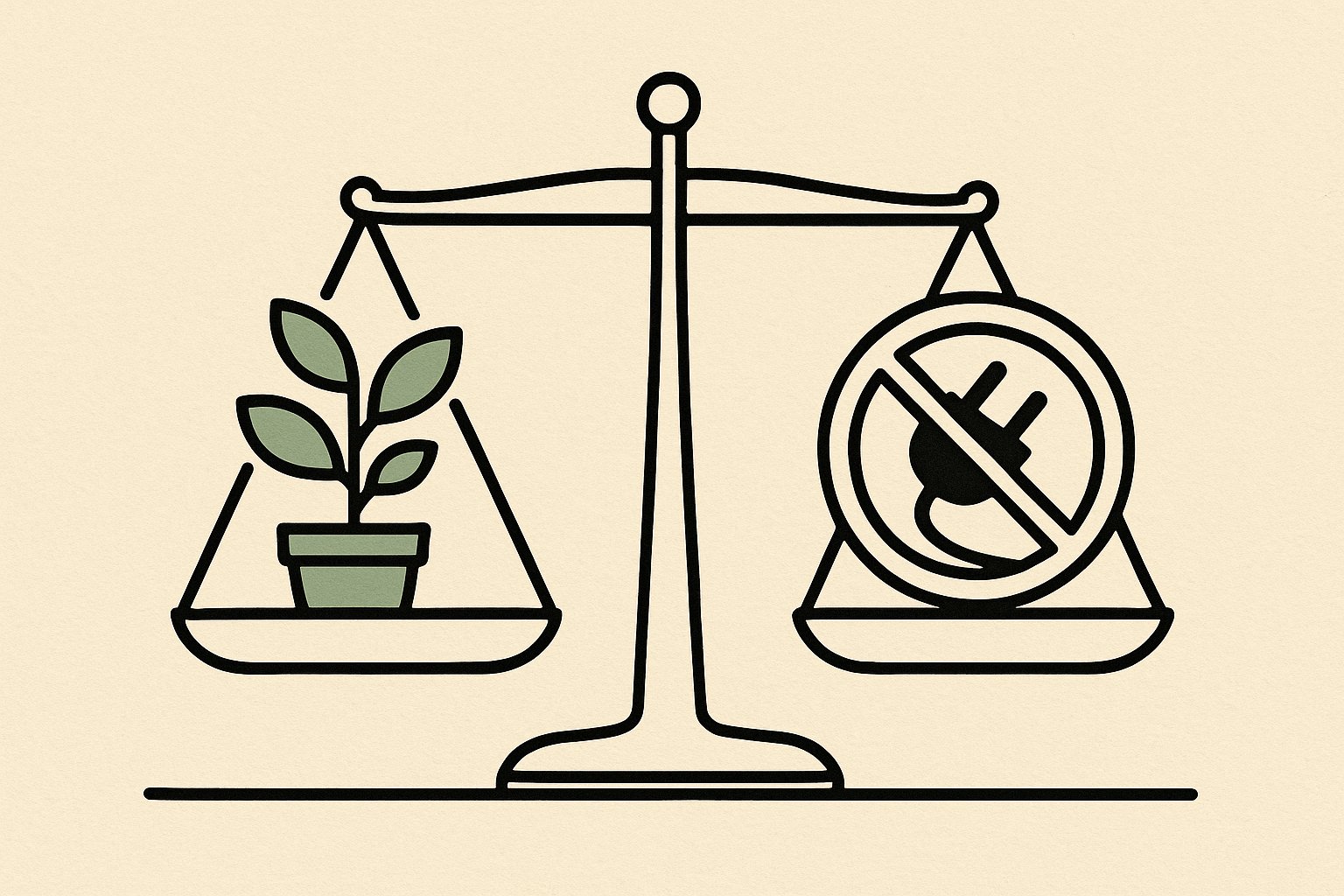 Illustration line art d une balance a deux plateaux portant un jeune arbre en pot d un cote et une prise electrique barree de l autre