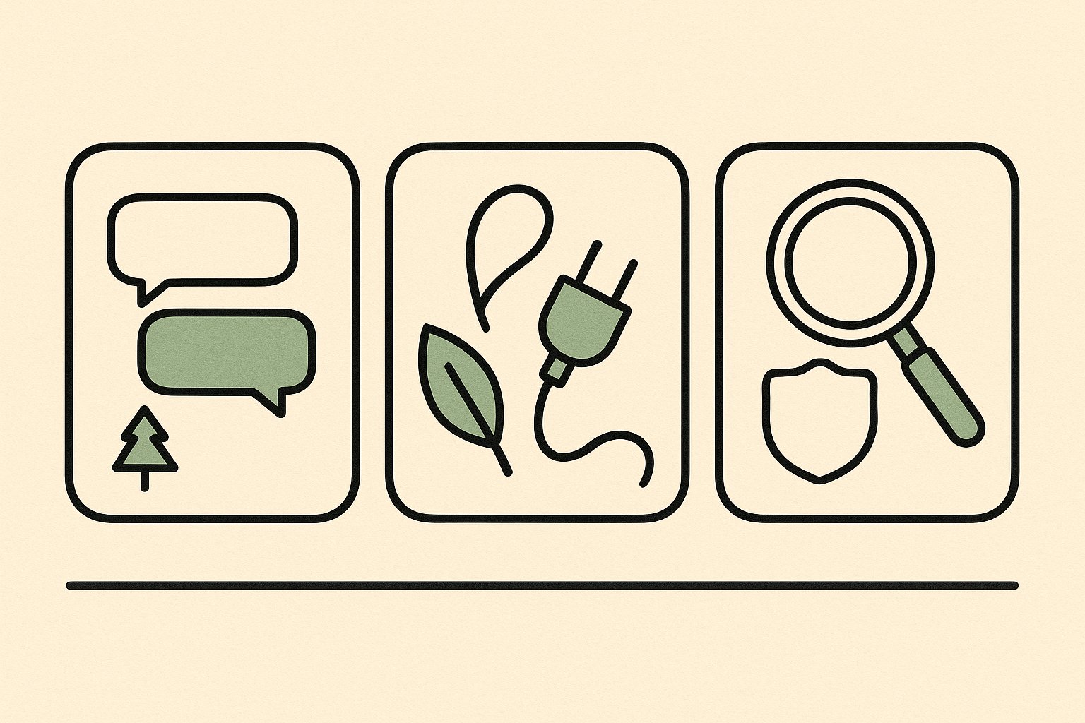 Illustration line art des trois sens de eco gpt : une fenetre de chat avec un arbre, une prise electrique avec une feuille, et une loupe posee sur un bouclier de verification