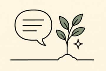 Illustration line art d une bulle de dialogue dont la queue devient une jeune pousse a feuilles vertes