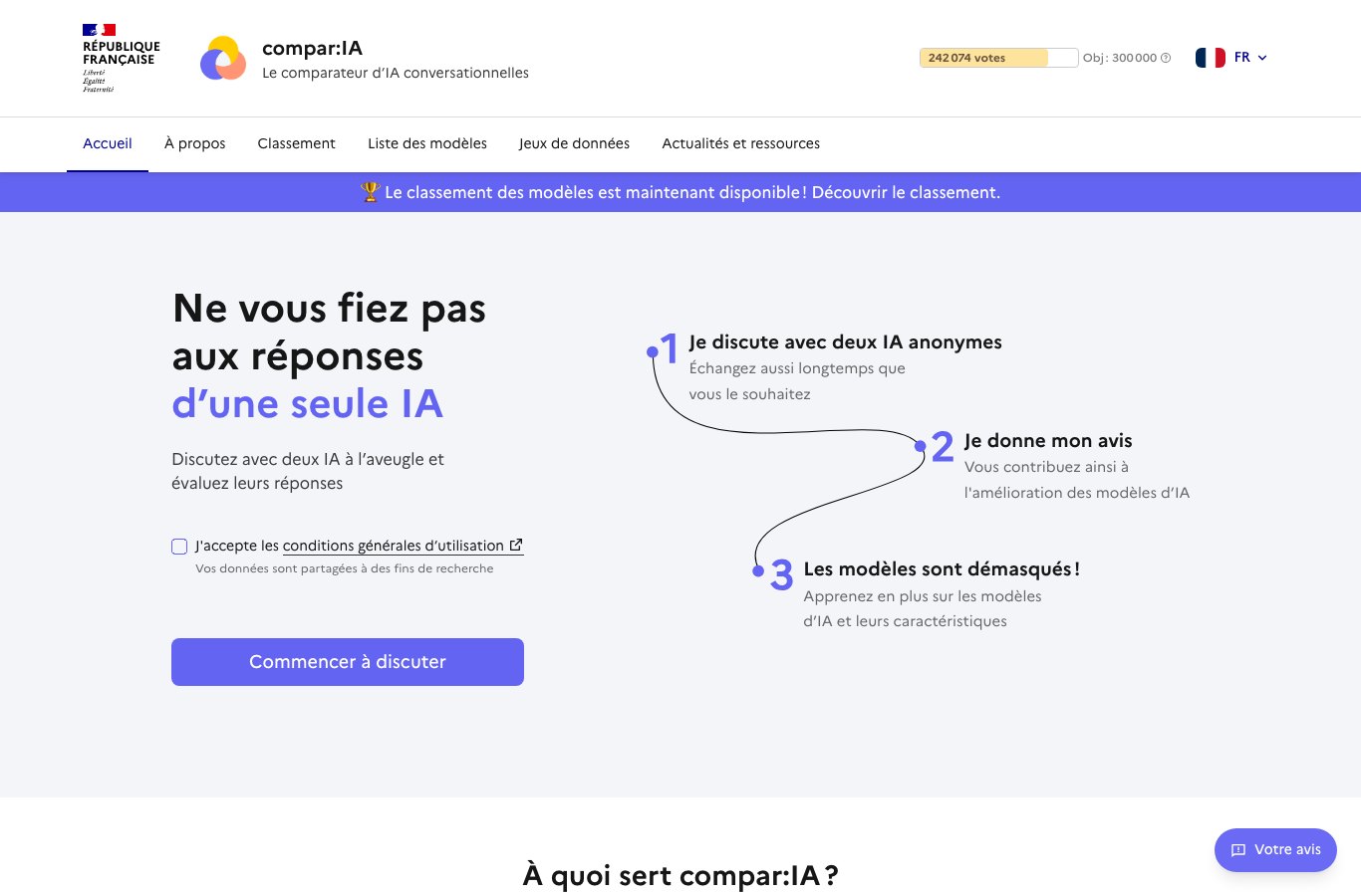 Capture d ecran de la page d accueil de compar IA le comparateur d intelligences artificielles conversationnelles de l Etat francais
