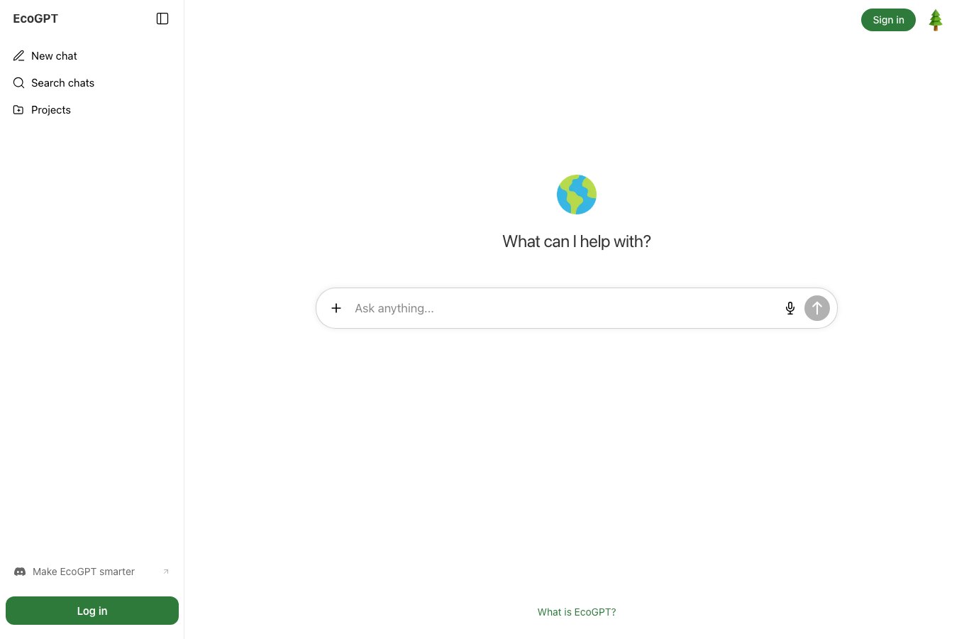 Capture d ecran de l interface web d EcoGPT avec son champ de saisie et son icone d arbre