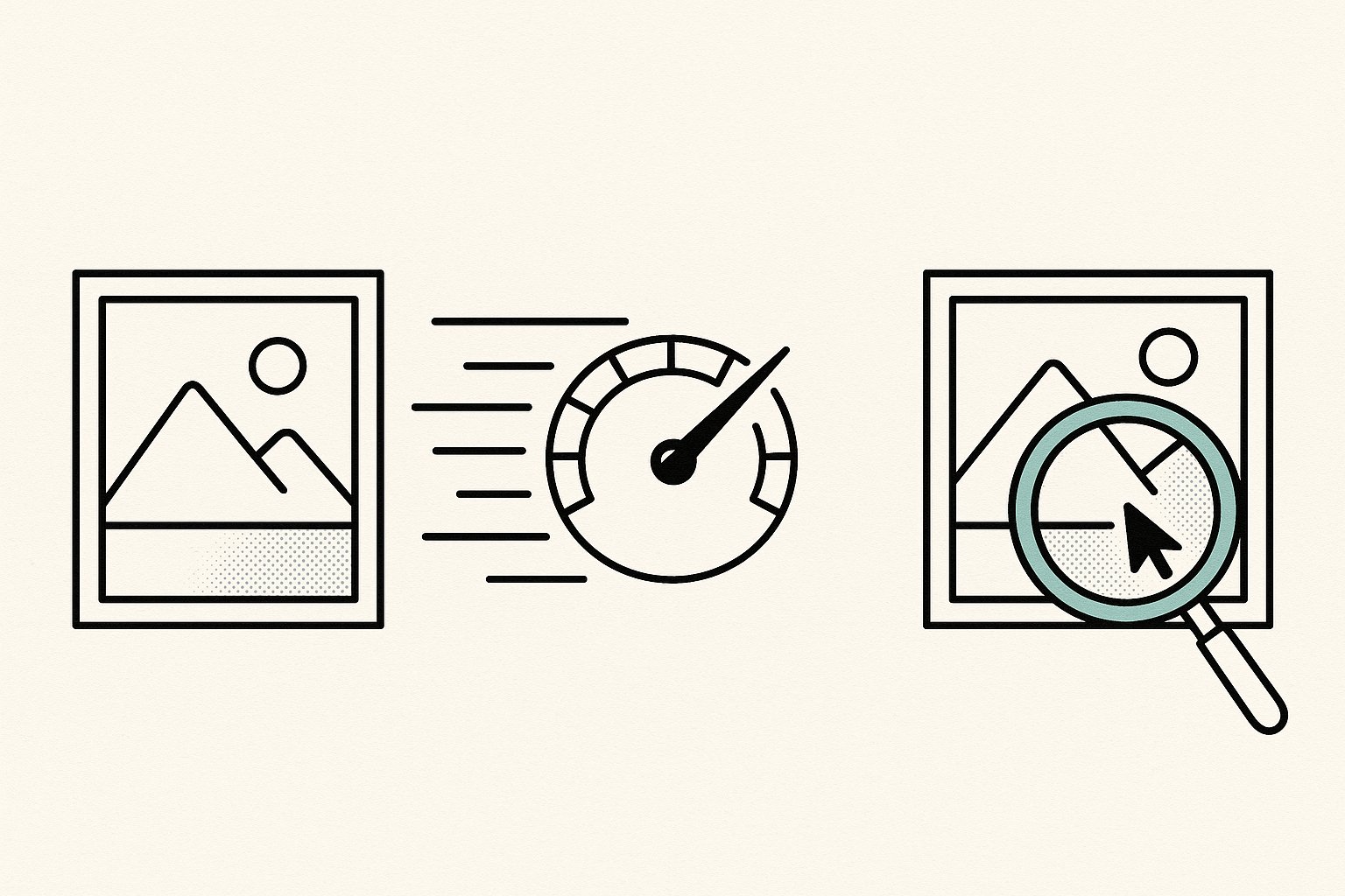 Illustration line-art d'un compteur de vitesse et d'une loupe editant une image, nouveautes de GPT Image 1.5