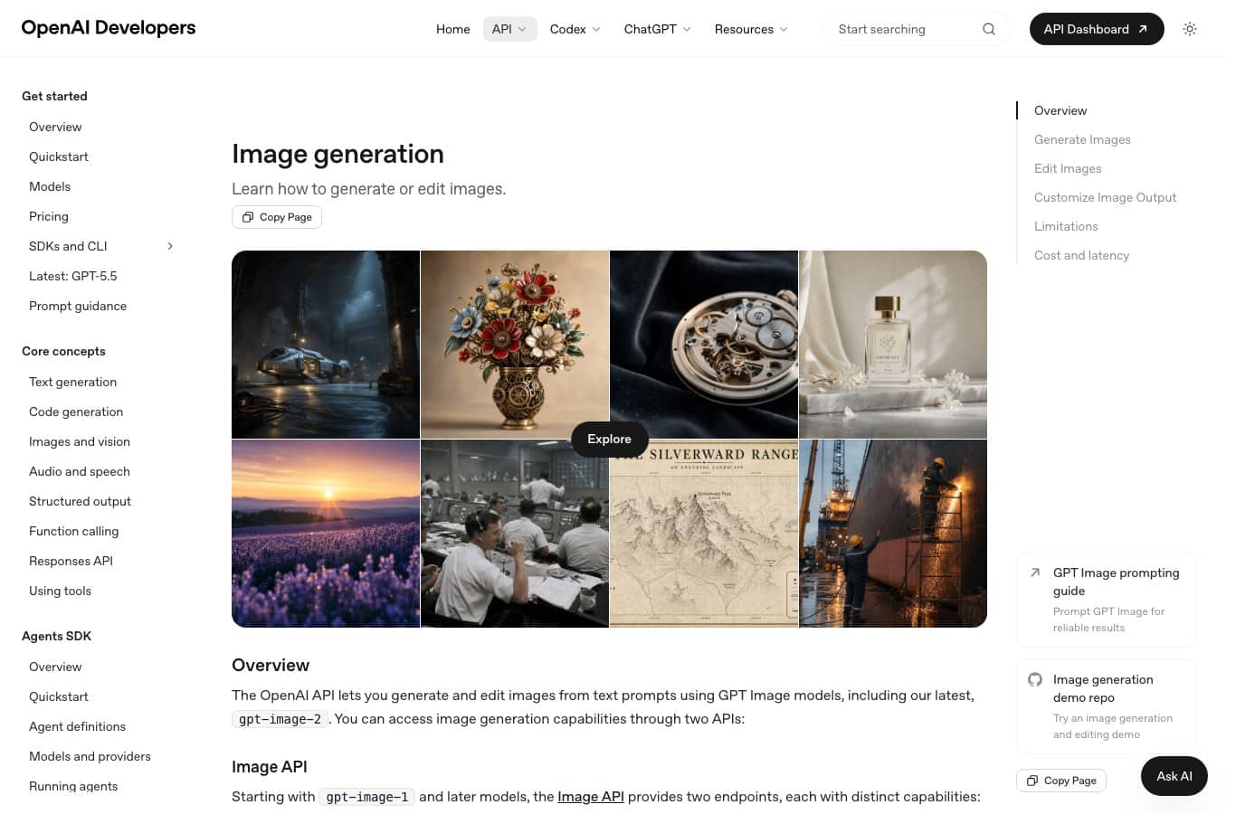 Capture d'ecran de la documentation OpenAI sur la generation d'images par API avec des exemples de rendus des modeles GPT Image
