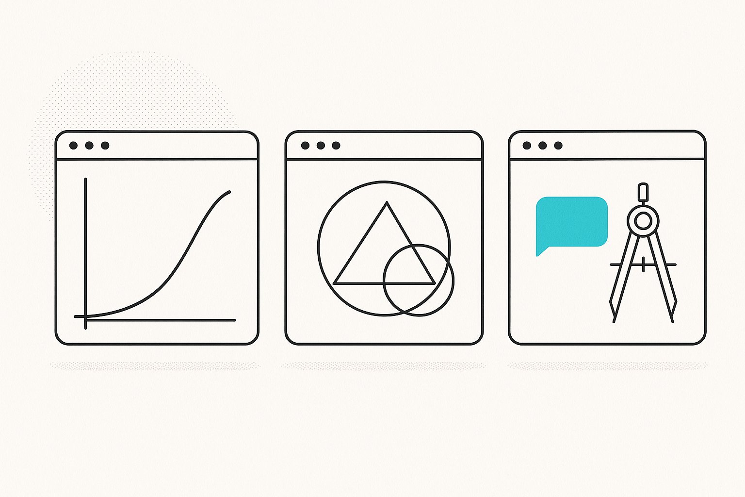 Illustration line-art de trois fenêtres d'application montrant des courbes et figures géométriques, symbolisant les familles d'outils de GPT maths