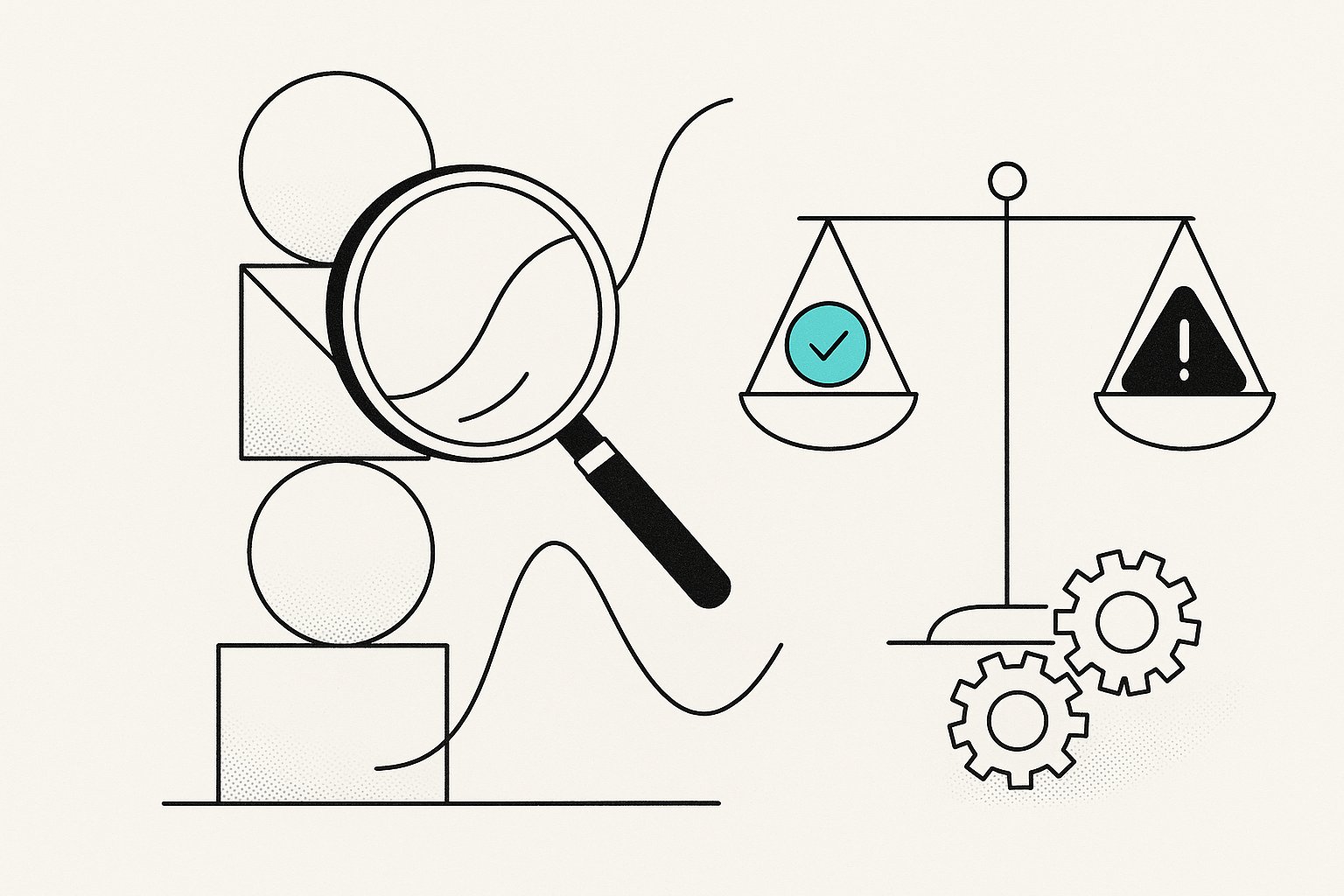 Illustration line-art d'une loupe au-dessus de figures géométriques et d'une balance pesant une coche contre un triangle d'alerte, symbolisant la vérification d'une réponse d'IA