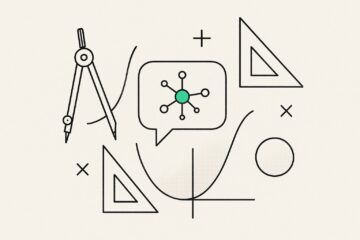 Illustration line-art d'un compas, d'une bulle de dialogue avec un noeud d'IA et de figures geometriques, symbolisant un GPT maths