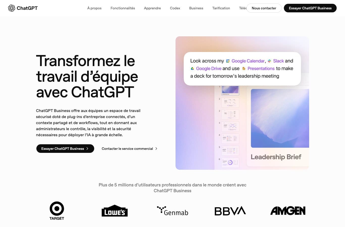 Page ChatGPT Business d OpenAI en francais, plus de 5 millions d utilisateurs professionnels