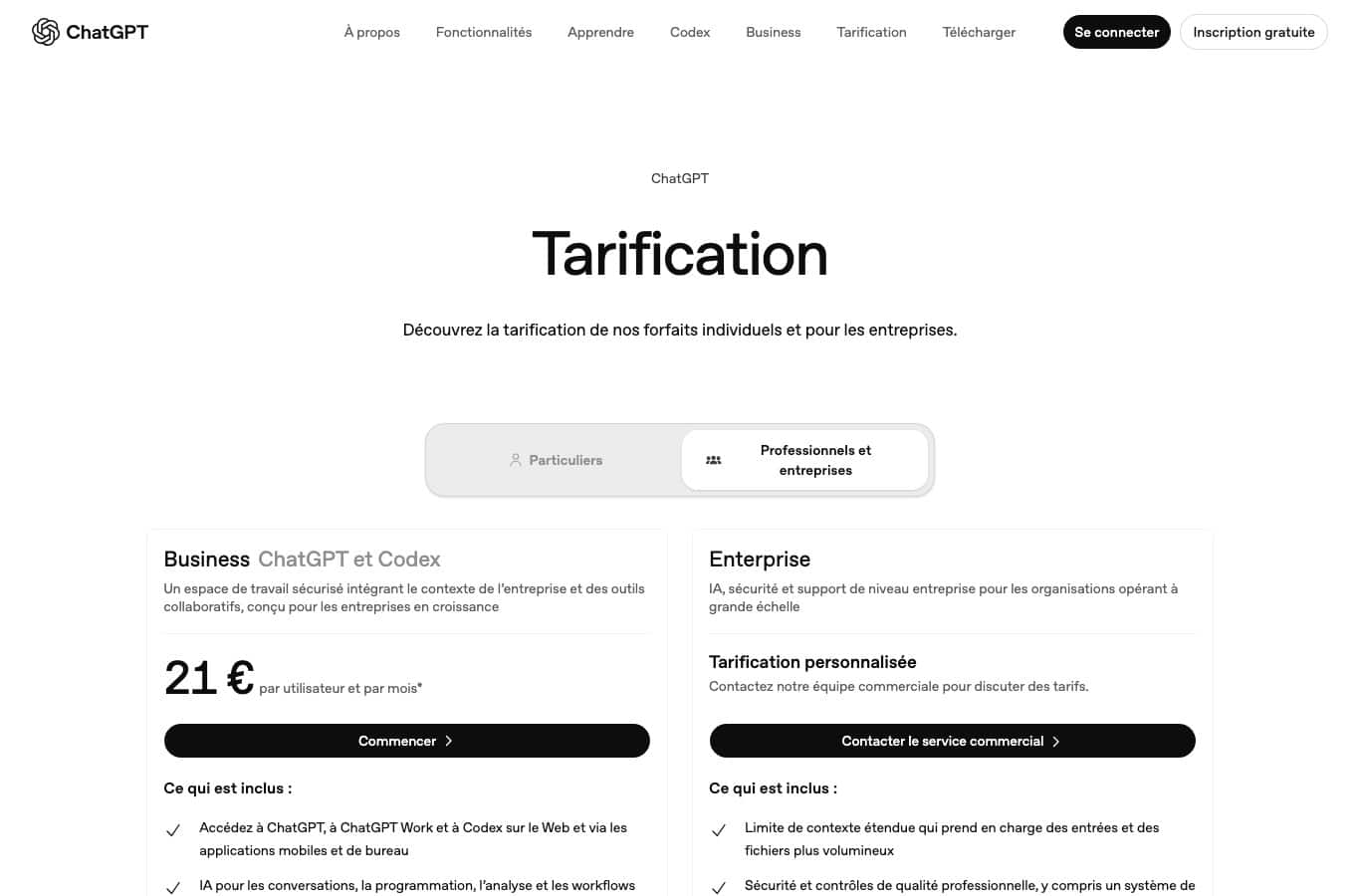 Page de tarification ChatGPT, onglet professionnels et entreprises, Business a 21 euros par utilisateur et par mois
