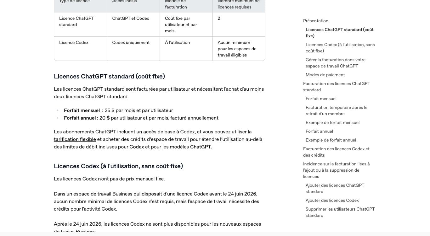 Centre d aide OpenAI, tarifs ChatGPT Business de 25 dollars en mensuel et 20 dollars en annuel