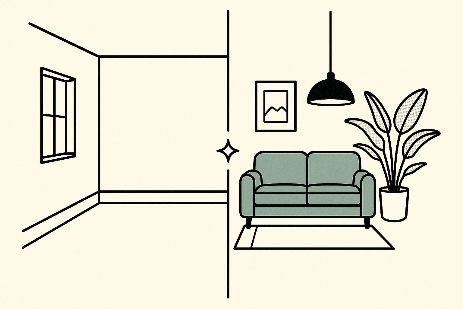 Avant/apres : a gauche une piece vide, a droite la meme piece meublee avec canape, plante, lampe et cadre