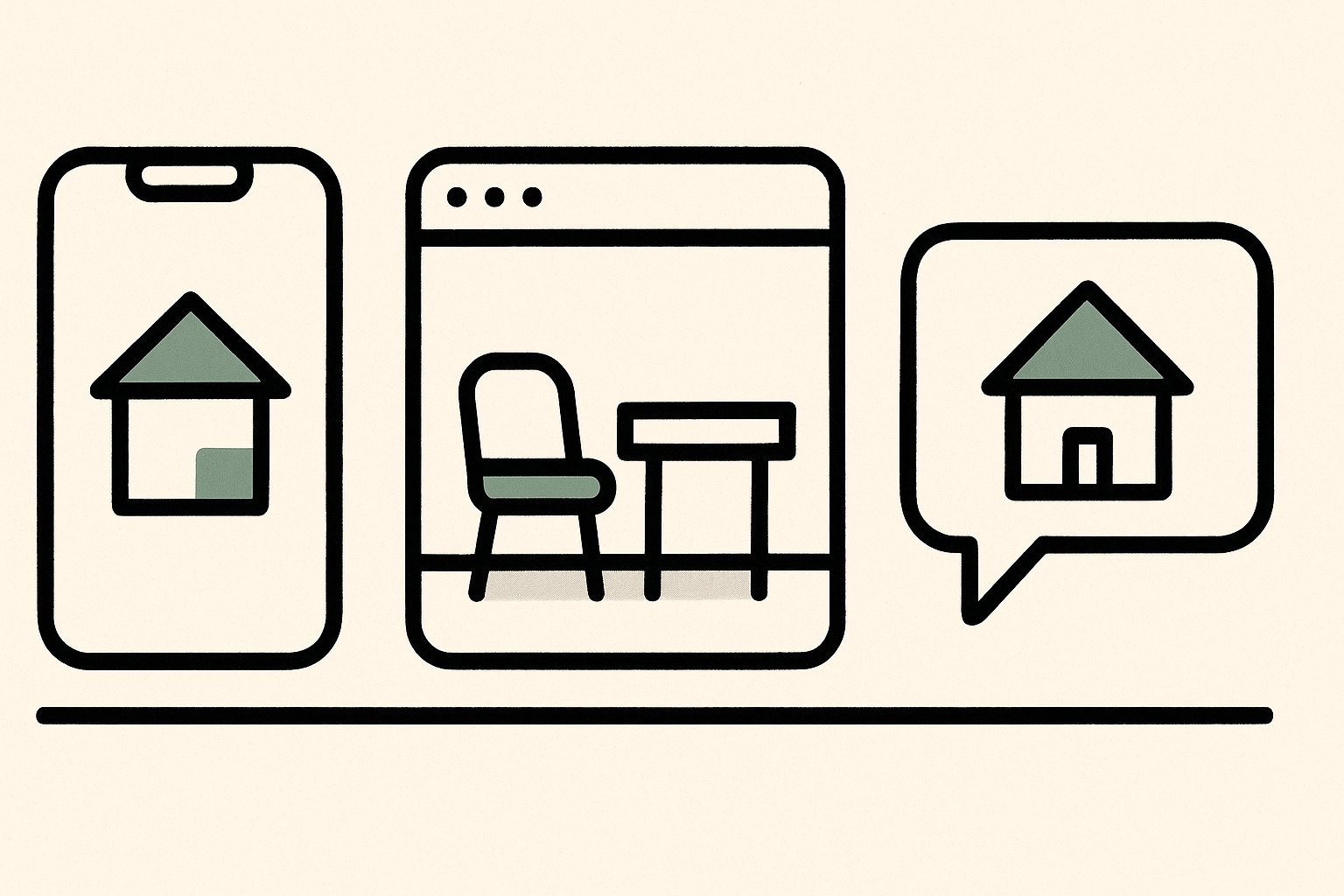 Trois panneaux : une application mobile, un site web et un assistant conversationnel, chacun avec une icone de maison