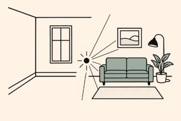 Illustration line-art : une piece vide redessinee par une IA en salon meuble