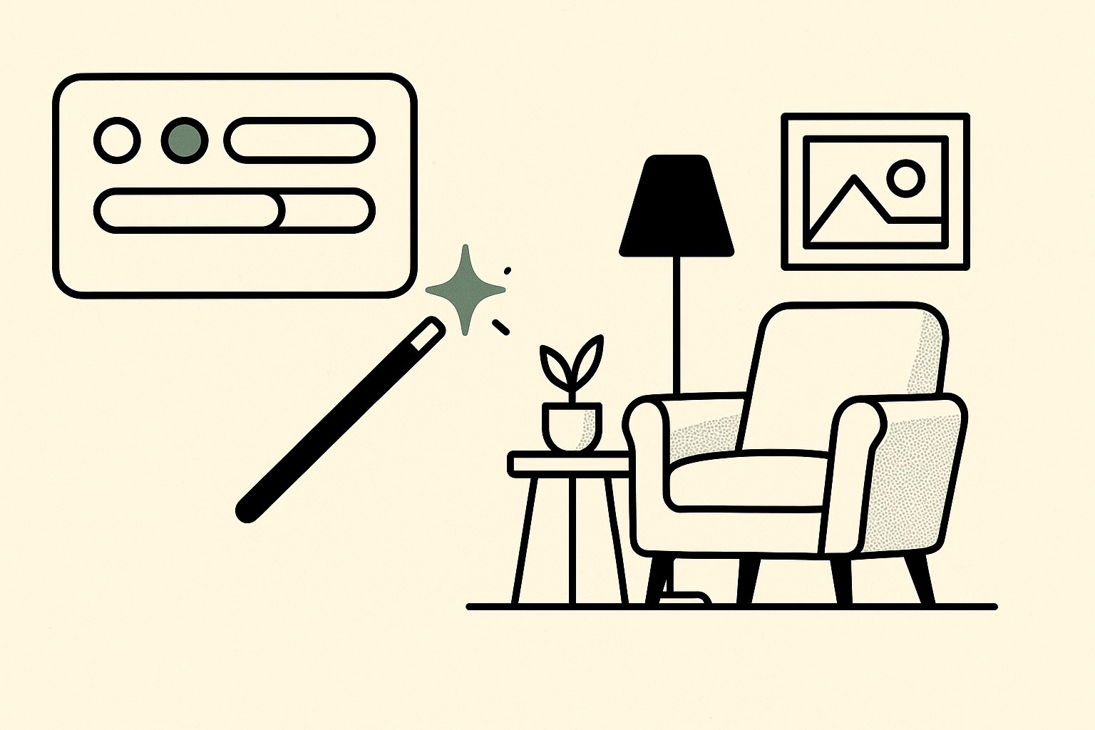 Panneau de reglages et baguette magique generant un fauteuil, une lampe et un cadre